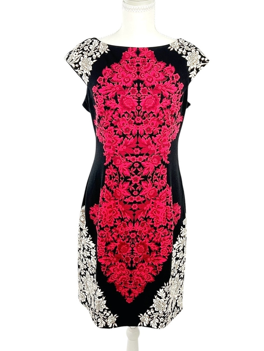 London Times Floral Sheath Dress Pink Black Cocktail Wedding Guest 8